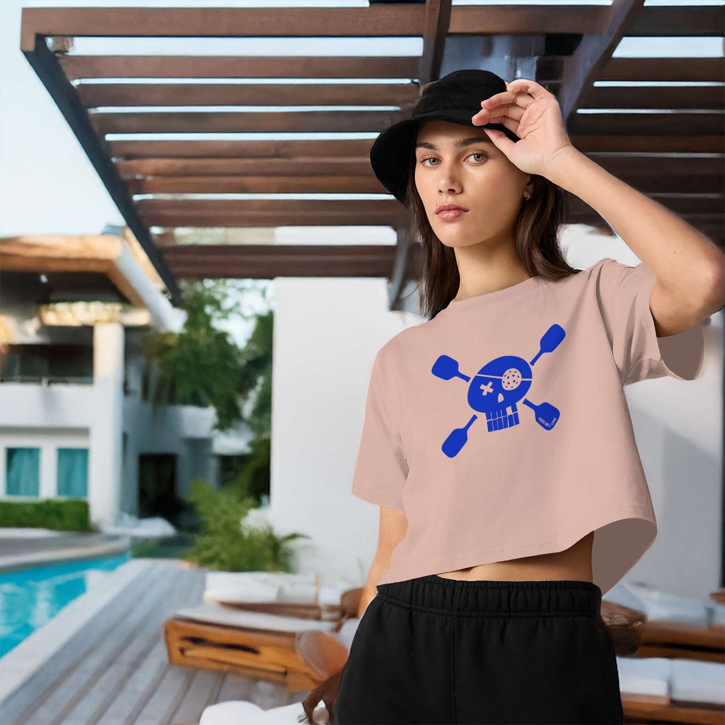 Pickleball Pirate Street Crop Tee - Soft Pink / Blue