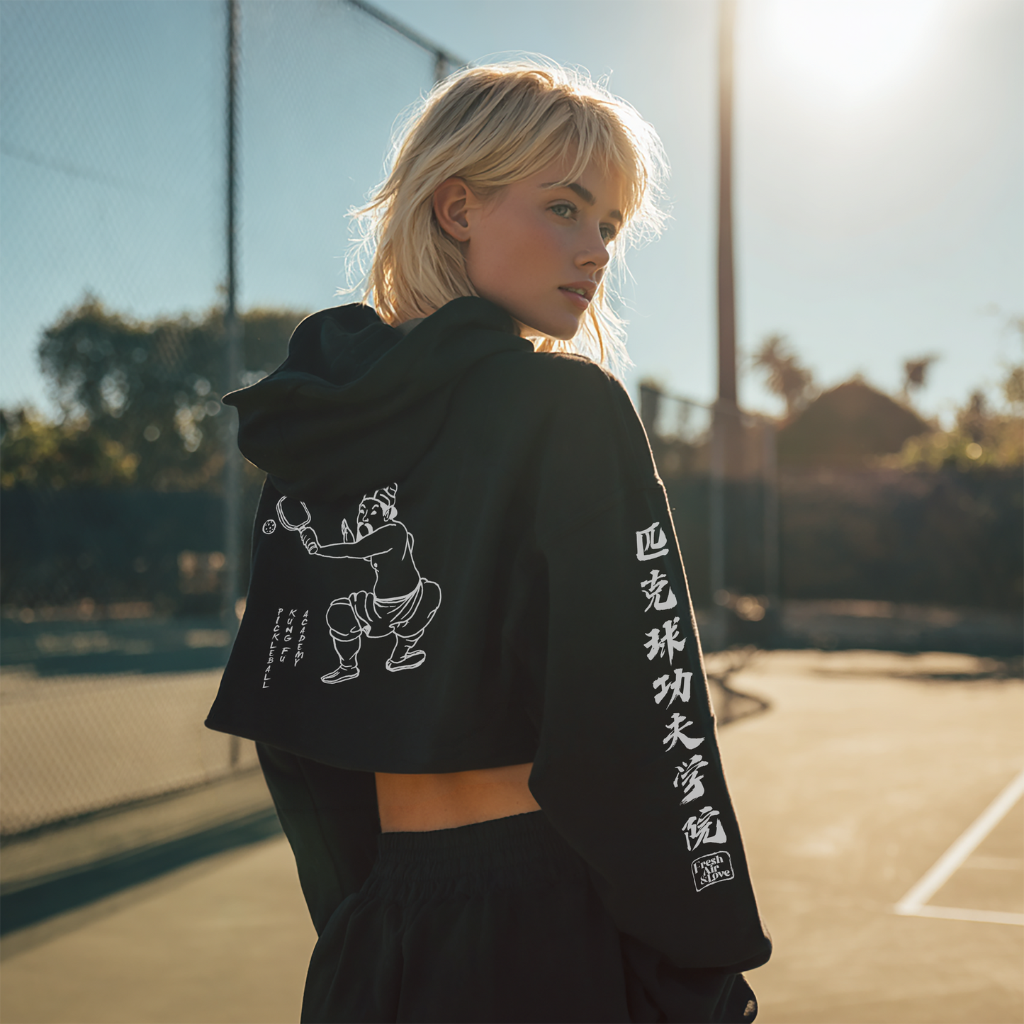 Pickleball Kung Fu Lightweight Crop Hoodie - Black White