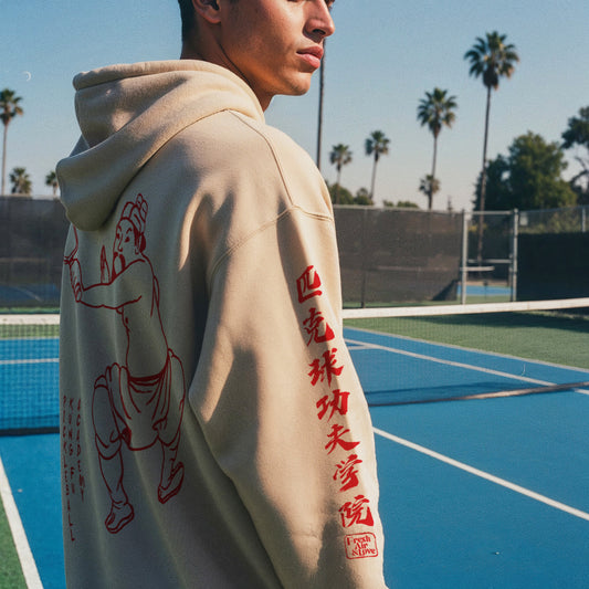 Pickleball Kung Fu Avenue Pullover Hooded Sweatshirt - Ivory Red