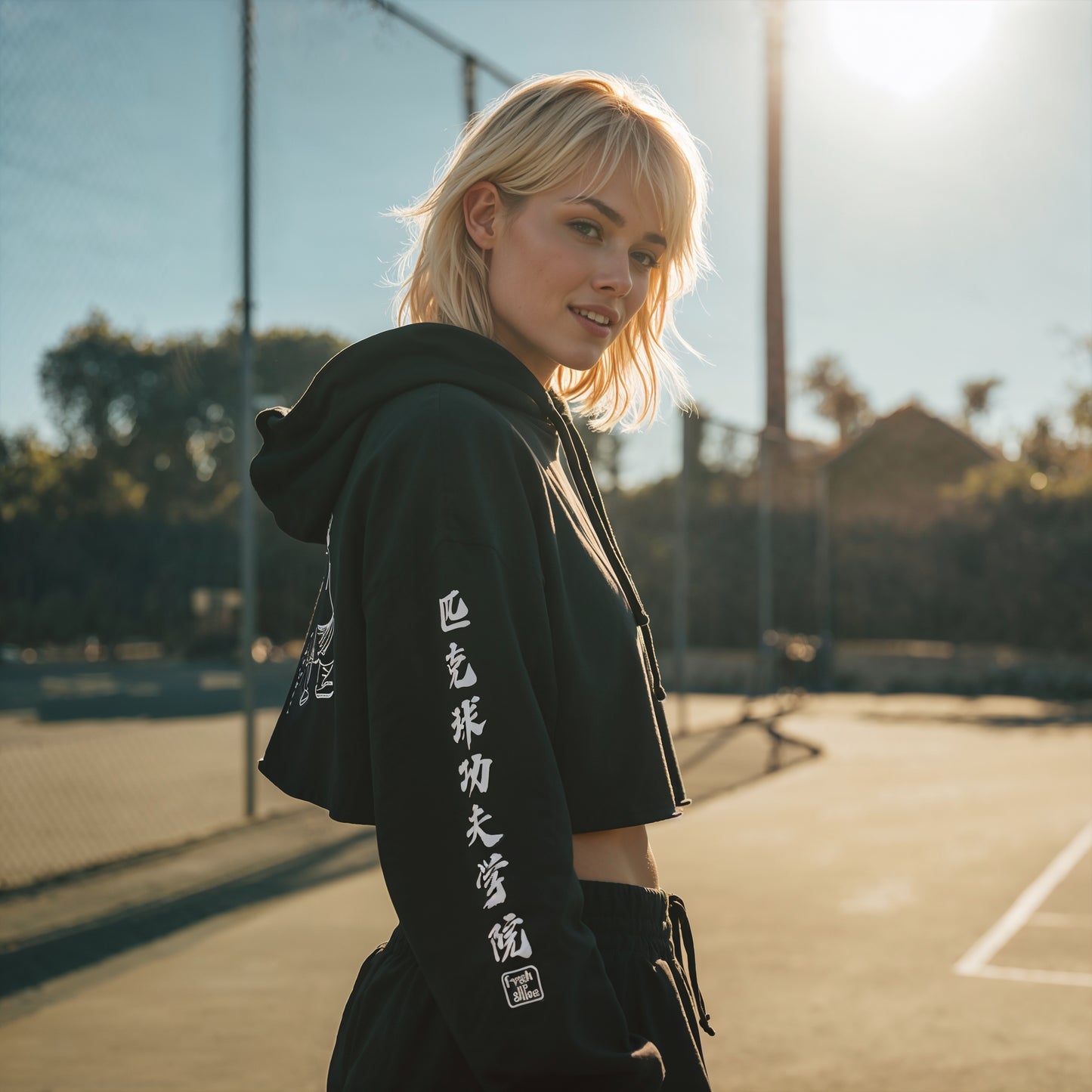 Pickleball Kung Fu Lightweight Crop Hoodie - Black White